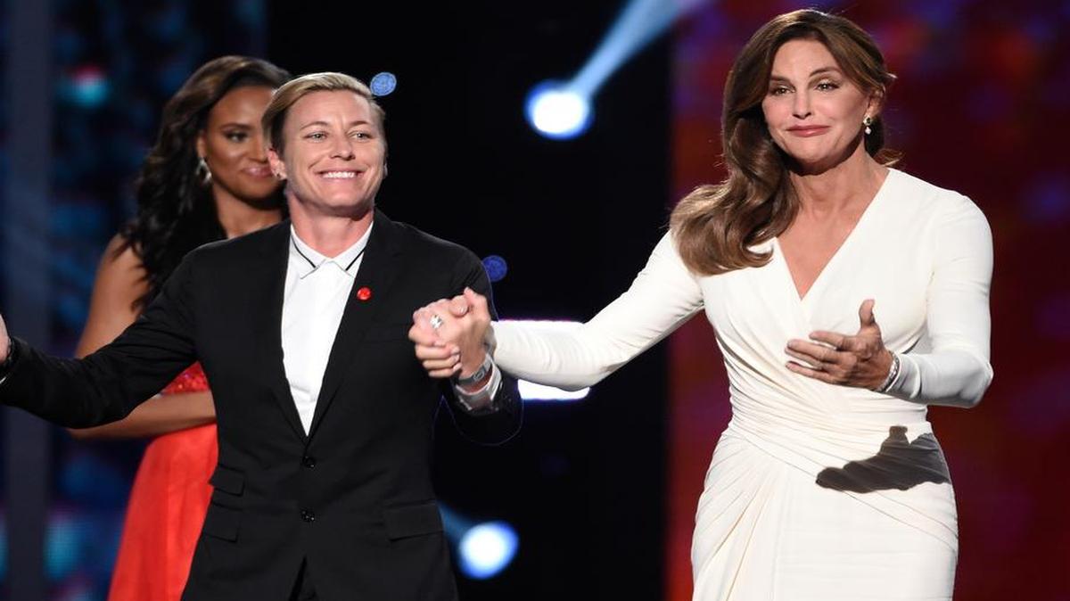 
Soccer player Abby Wambach, of the U.S. women's national soccer team, left, presents Caitlyn Jenner with the Arthur Ashe award for courage at the ESPY Awards at the Microsoft Theater on Wednesday, July 15, 2015, in Los Angeles. 
