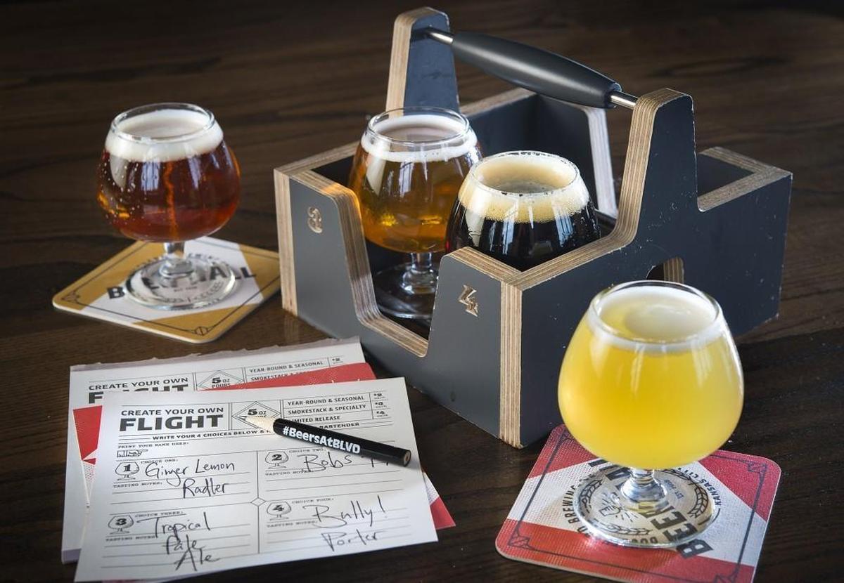 A flight of beers from Boulevard Brewing Company’s is shown in this file photo taken at the Kansas City company’s Beer Hall.