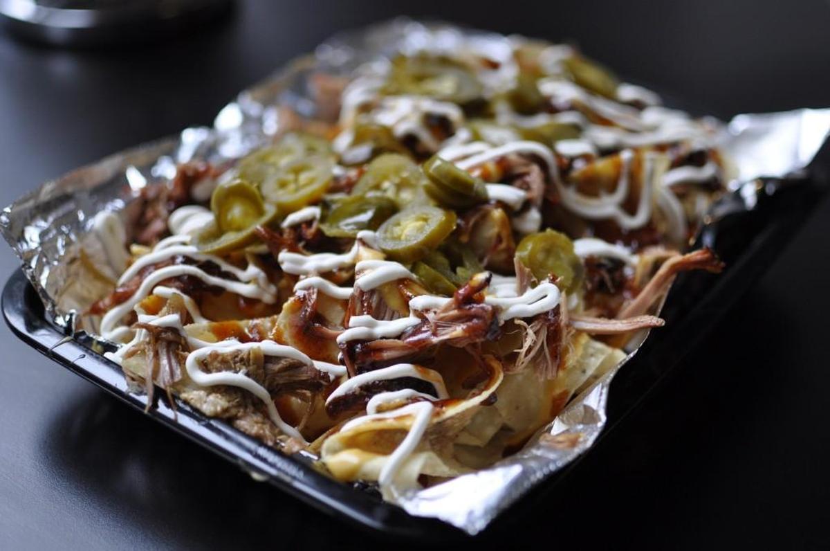 Pulled pork nachos are a specialty at Plowboys Barbeque.