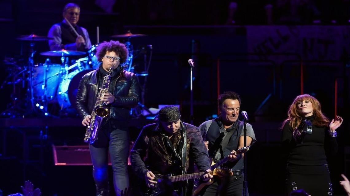 Bruce Springsteen (second from right) performs with E Street Band members (from left) Max Weinberg, Jake Clemons, Steven Van Zandt and Patti Scialfa in Los Angeles on March 15.