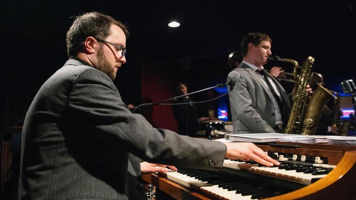 Chris Hazelton and the Boogaloo 7 at work at the Green Lady Lounge, where they have a regular gig on Friday nights. That’s Brett Jackson with the baritone sax.