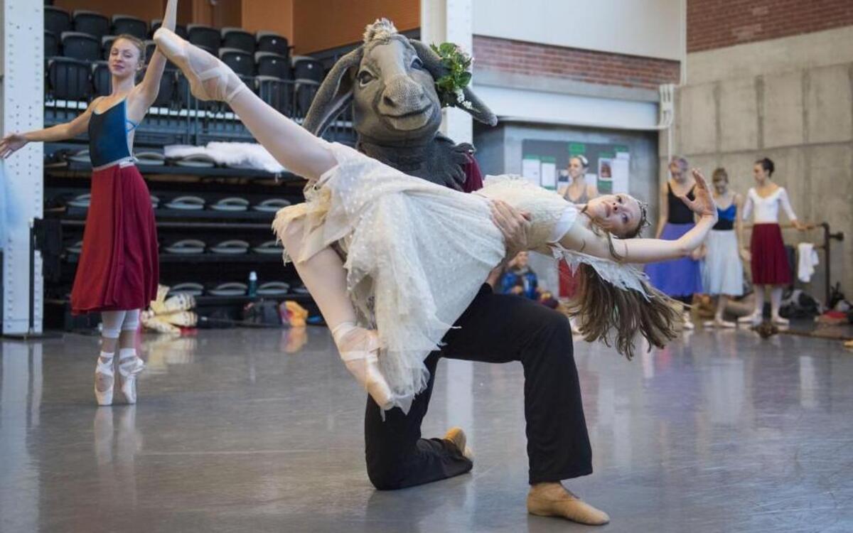 A transformed Bottom (Dillon Malinski) dances with Titania the fairy queen (Taryn Mejia) in a rehearsal of the Kansas City Ballet’s production of “A Midsummer Night’s Dream.”