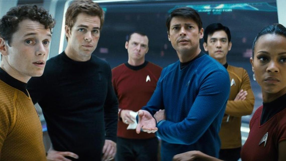 “Star Trek” stars include Anton Yelchin as Chekov (from left), Chis Pine as James T. Kirk, Simon Pegg as Scotty, Karl Urban as Bones, John Cho as Sulu and Zoe Saldana as Ohura. The movie played on a big screen Thursday as the Kansas City Symphony performed the soundtrack.