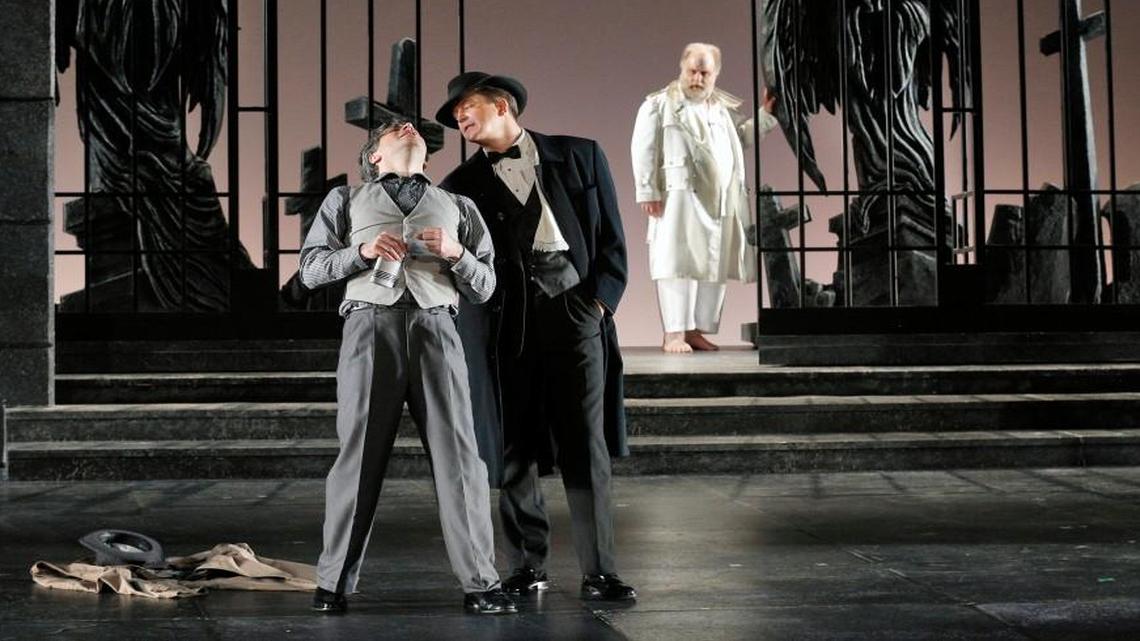 
Joshua Bloom (from left) is Leporello, Daniel Okulitch is Don Giovanni and Richard Wiegold is the Commendatore in the Lyric Opera’s “Don Giovanni.”
