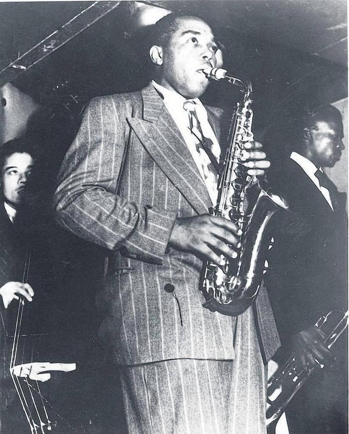 Charlie Parker, circa 1948. (That’s the young Miles Davis on the right.)