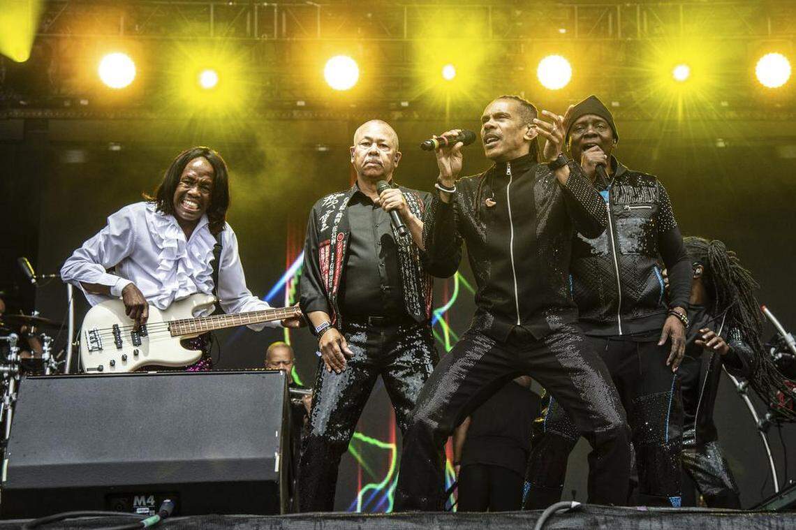 Verdine White, left, Ralph Johnson, David Whitford and Philip Bailey of Earth, Wind & Fire performs at the Bottle Rock Napa Valley Music Festival on May 25, 2018.