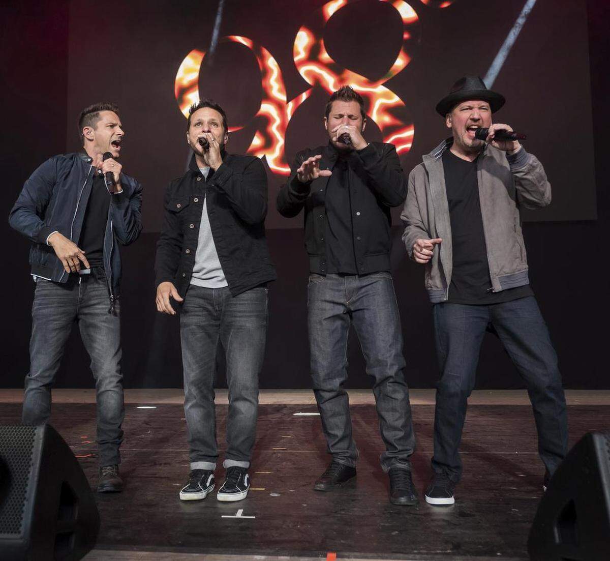 98 Degrees band members are, from left, Jeff Timmons, Drew Lachey, Nick Lachey and Justin Jeffre.