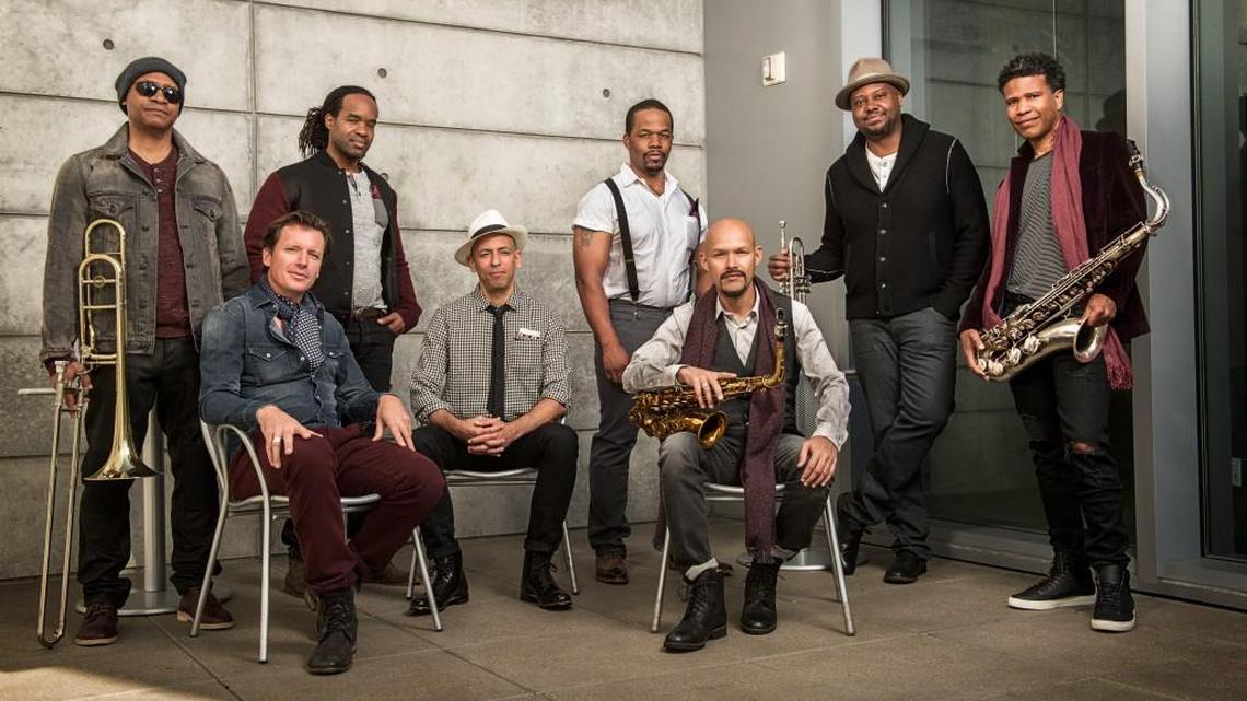 The SFJazz Collective: Standing from left, Robin Eubanks, Obed Calvaire, Warren Wolf, Sean Jones, David Sanchez. Seated from left, Matt Penman, Edward Simon, Miguel Zenon.
