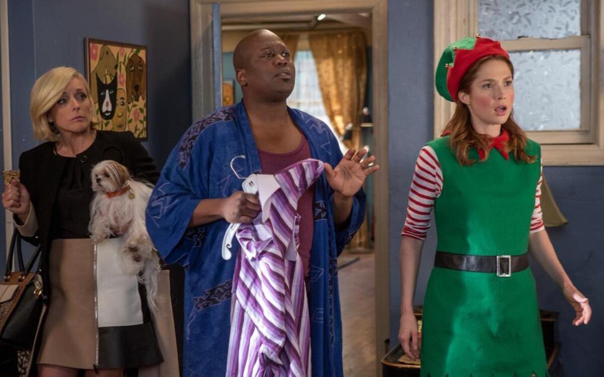Jane Krakowski (left) and Tituss Burgess star with Ellie Kemper in “Unbreakable Kimmy Schmidt” on Netflix. Season 2 will begin streaming on Friday, April 15.