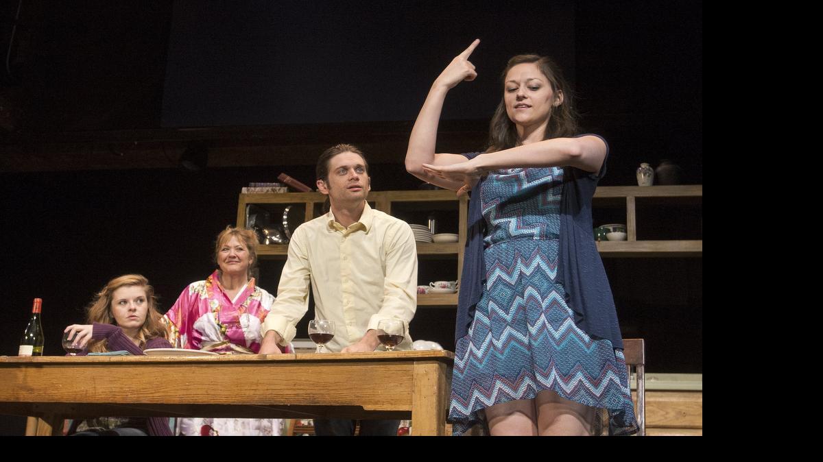 
Nicole Marie Green (from left), Jan Rogge, Paul Ososki and Lisa Lehnen, a sign language interpreter, are among the cast of the Unicorn Theatre’s “Tribes.”

