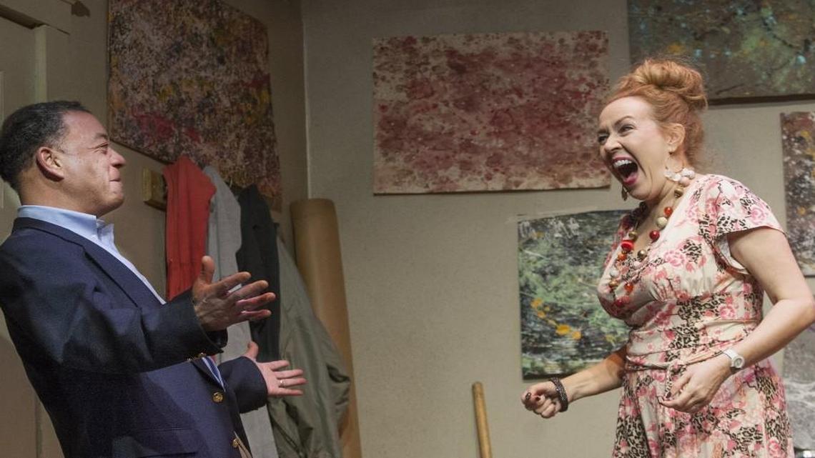Walter Coppage plays a mediocre artist past his prime, and Cathy Barnett plays his wife in “How to Steal a Picasso” at the Unicorn Theatre.