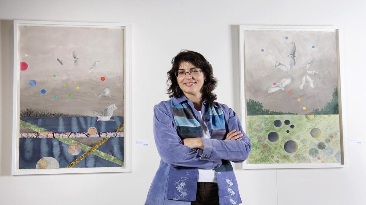 “Soar 10” (left) and “Soar 8” are among the paintings in Sharon Reeber’s “Skyward” exhibit at ArtsKC Gallery that were inspired by turkey vultures. The exhibit runs through Jan. 7.