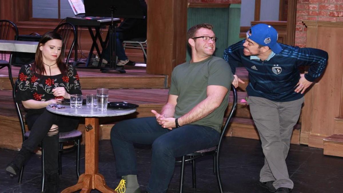 In “First Date,” Lauren Braton and Shea Coffman (shown here in rehearsal) play a couple on a blind date, while other cast members, including Francisco Javier Villegas, play the people inhabiting their thoughts.