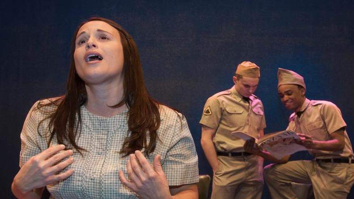 
Lauren Braton as Violet, Daniel Beeman (center) as Monty and Matthew A. King as Flick rehearsed for the Spinning Tree Theatre’s production of the musical “Violet” at Just Off Broadway Theatre.
