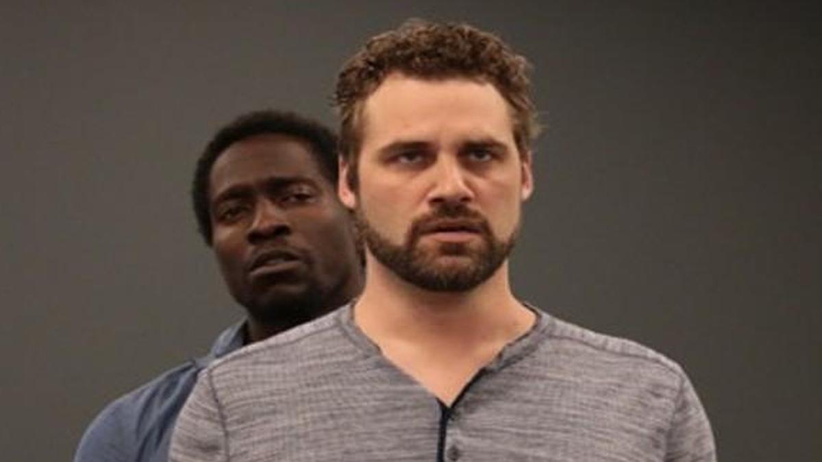 Rufus Burns (left) and Michael Pauley, shown in rehearsal, star in “Man in Love,” a tale of a black serial killer no one suspects.
