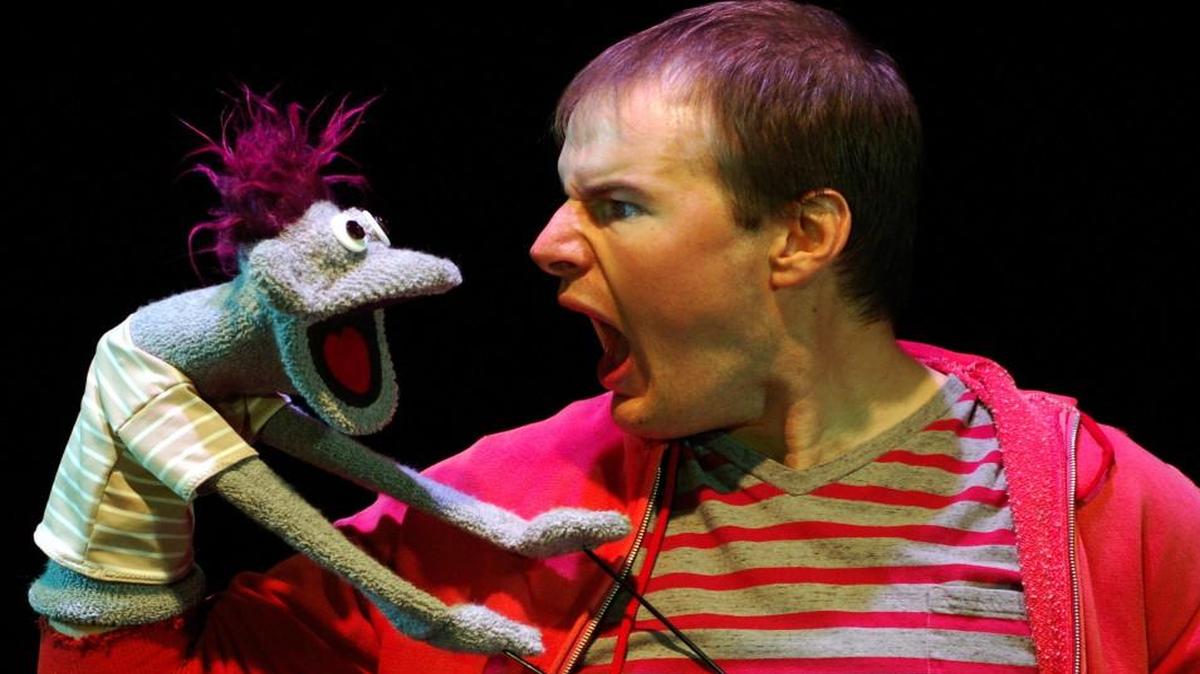 The puppet Tyrone takes on a life of his own in “Hand to God,” much to the dismay of teenager Jason (Bob Linebarger). The play runs through Oct. 2 at the Unicorn Theatre.
