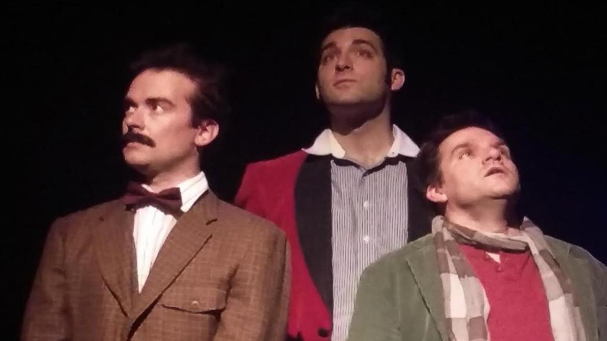 Einstein (Jake Walker, left), a visitor from the future (Christopher Preyer) and Picasso (Andy Penn) contemplate what lies ahead in Steve Martin’s “Picasso at the Lapin Agile.” The play’s run begins Sept. 8 at the Metropolitan Ensemble Theatre.