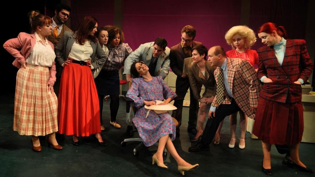The office workers in “9 to 5: The Musical” are played by (from left): Deanna Barron, Jeff Smith, Leah Swank-Miller, Chelcie Abercrombie, Olivia Cabrera, Scott Salem, Katie Karel, Michael Golliher, Lauren Pope, Andrew Brown, Hannah Freeman and Cori Anne Weber.