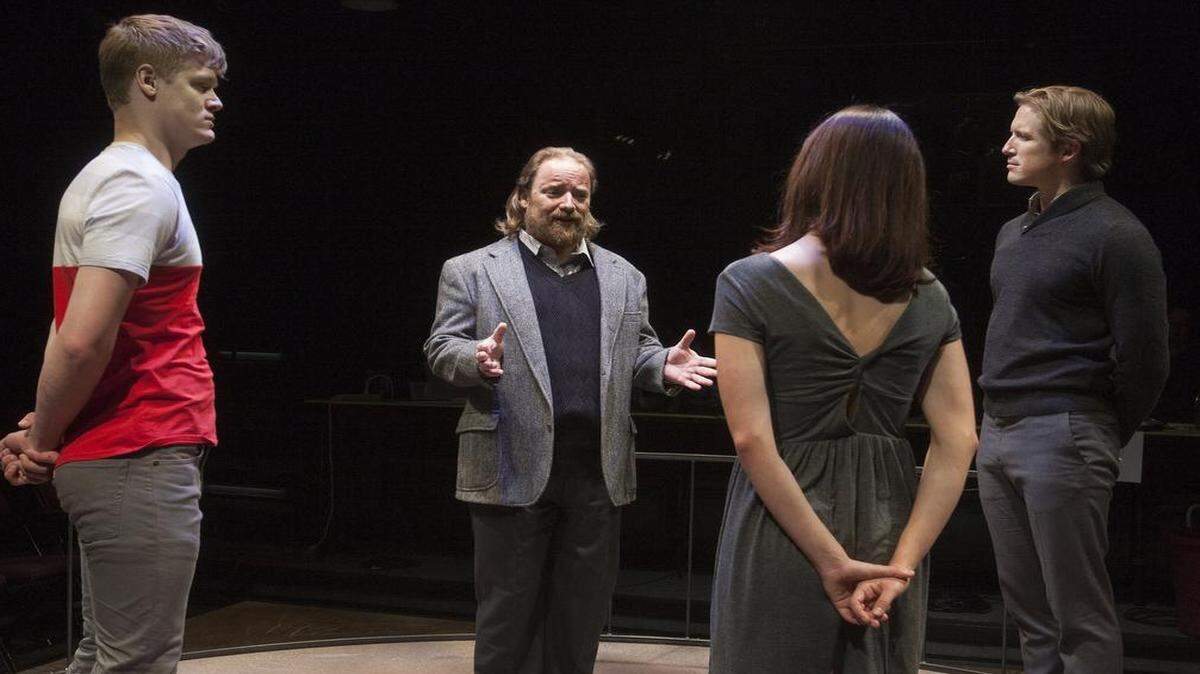 
Jacob Aaron Cullum (left) as John, Matt Rapport as F, Zachary Andrews as M and Molly Denninghoff as W in the Unicorn production of “Cock.”
