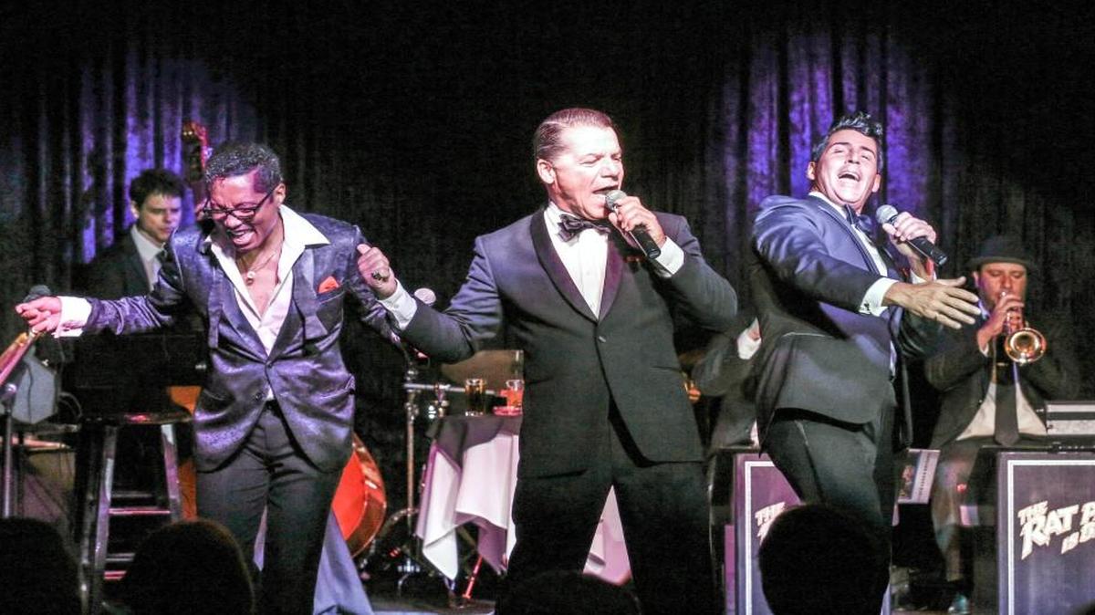 Sammy Davis (Kyle Diamond, left), Frank Sinatra (Chris Jason) and Dean Martin (Drew Anthony) entertain audiences with a nightclub act in “The Rat Pack is Back” The show plays through Sept. 11 at Starlight Theatre.