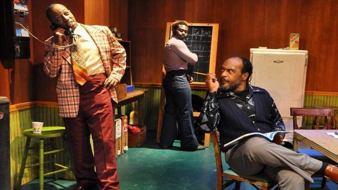 
From left, Desmond “337” Jones, Frank Oakley III and Theodore “Priest” Hughes perform in “Jitney.”

