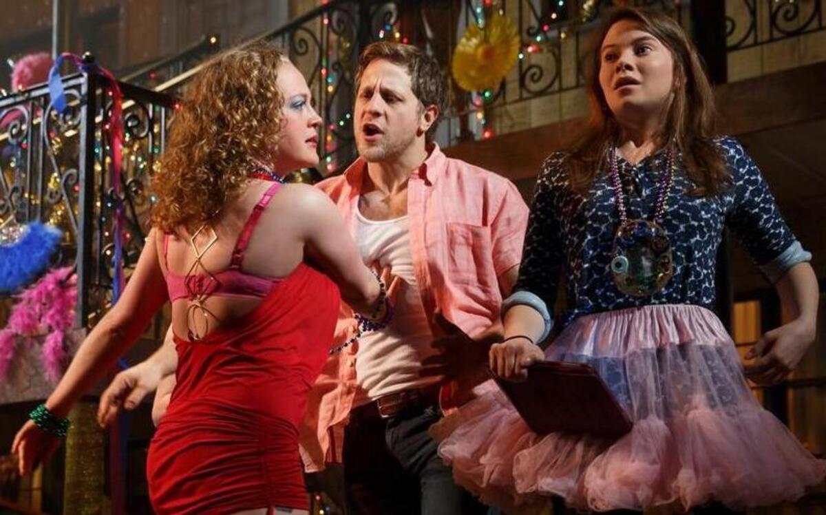 
Krista (Caroline Neff, left) confronts high-school student Zoe (Carolyn Braver) while Bait Boy (Joe Tippett) tries to intervene in “Airline Highway.”
