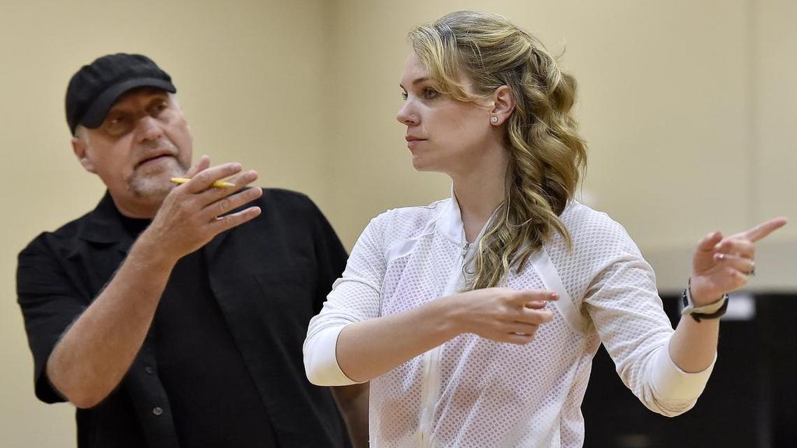 
“Mary Poppins” is Starlight Theatre’s only self-produced show this year. At Starlight’s rehearsal studios, director Phil McKinley (left) worked on a scene with Analisa Leaming, who plays Mary Poppins.

