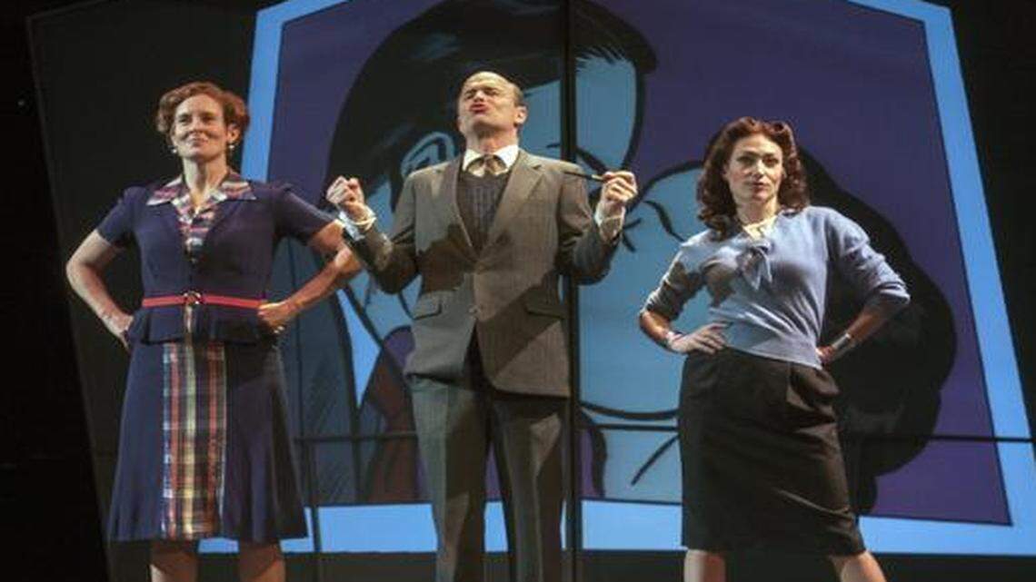 
“Lasso of Truth” tells the story of William Moulton Marston, the man who invented the polygraph lie detector test and Wonder Woman. He lived with his wife and assistant and fathered children with both. Carla Noack (from left), Martin Buchanan and Vanessa Severo star in the Unicorn production.
