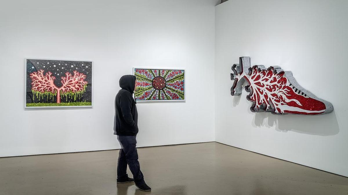 “Airway Clearance” (from left), “The Internal Struggle” and “Air Max” are among the works by Dylan Mortimer on display through Feb. 13 at Leedy-Voulkos gallery.