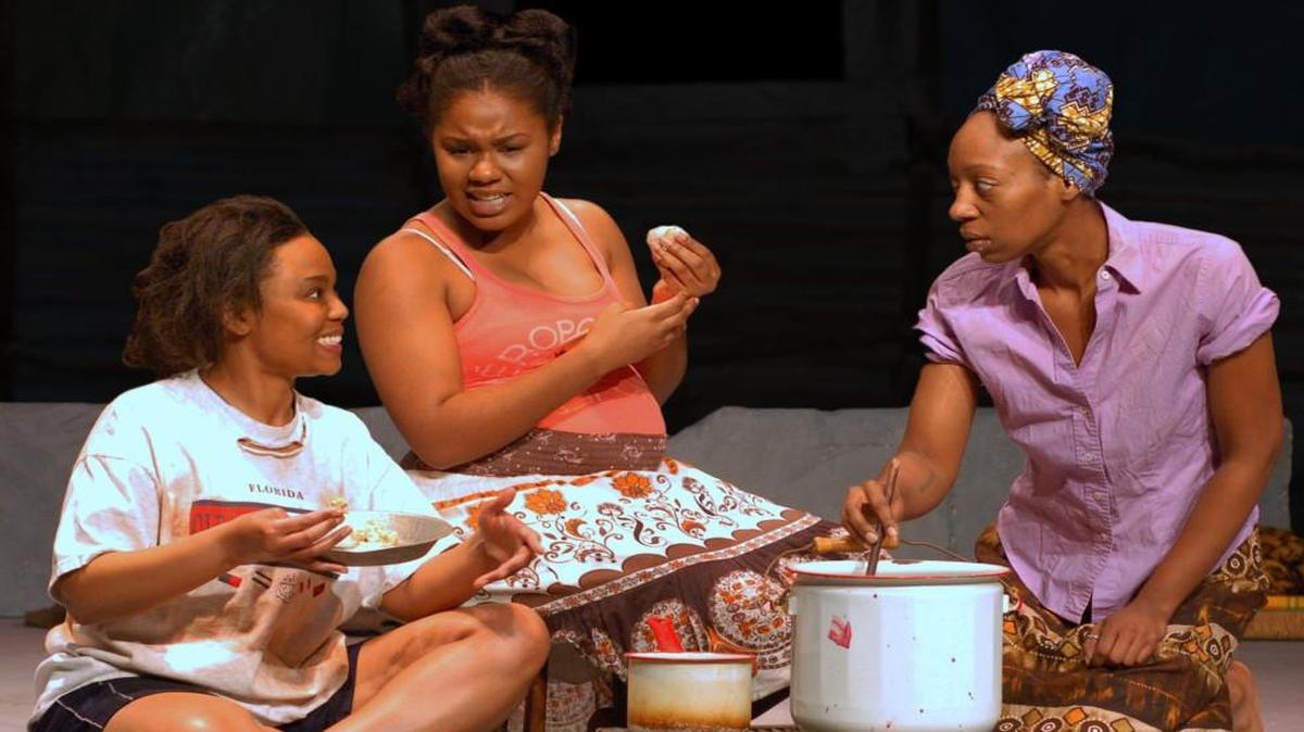 Imprisoned in a hut and forced to be an officer’s “wives,” a group of women (from left, Teisha M. Bankston, Ashley Kennedy, Dianne Yvette) must try to make a life for themselves in “Eclipsed.”