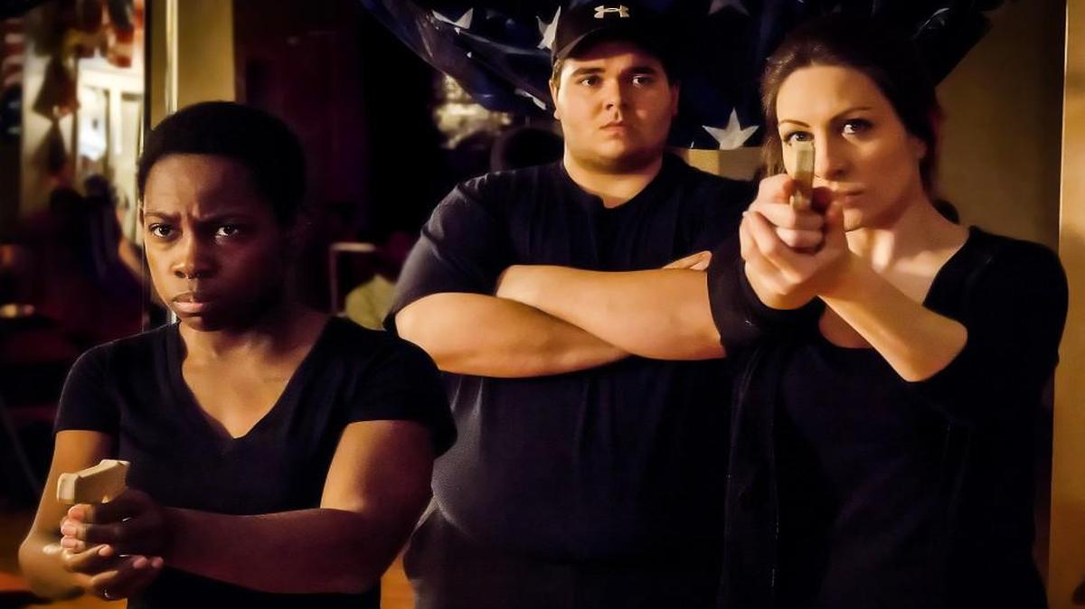 Rasheedat “Ras” Badejo (from left), Connor Branson and Laura Jacobs are part of the ensemble in “Gunplay,” an examination of the gun debate by Kansas City playwright Frank Higgins. The production runs through March 20 at the Aquarium, 1717 Wyandotte St.