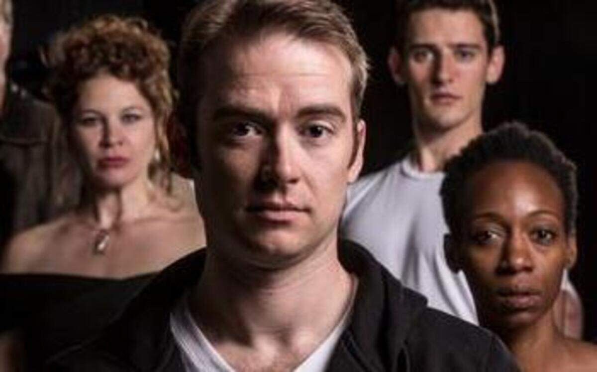 Kyle Dyck (from left), Scott Cordes, Mark Robbins, Cinnamon Schultz, Jake Walker, Matt Lindblom, Dianne Yvette and Walter Coppage are among the cast of Kansas City Actors Theatre’s “Hamlet.”