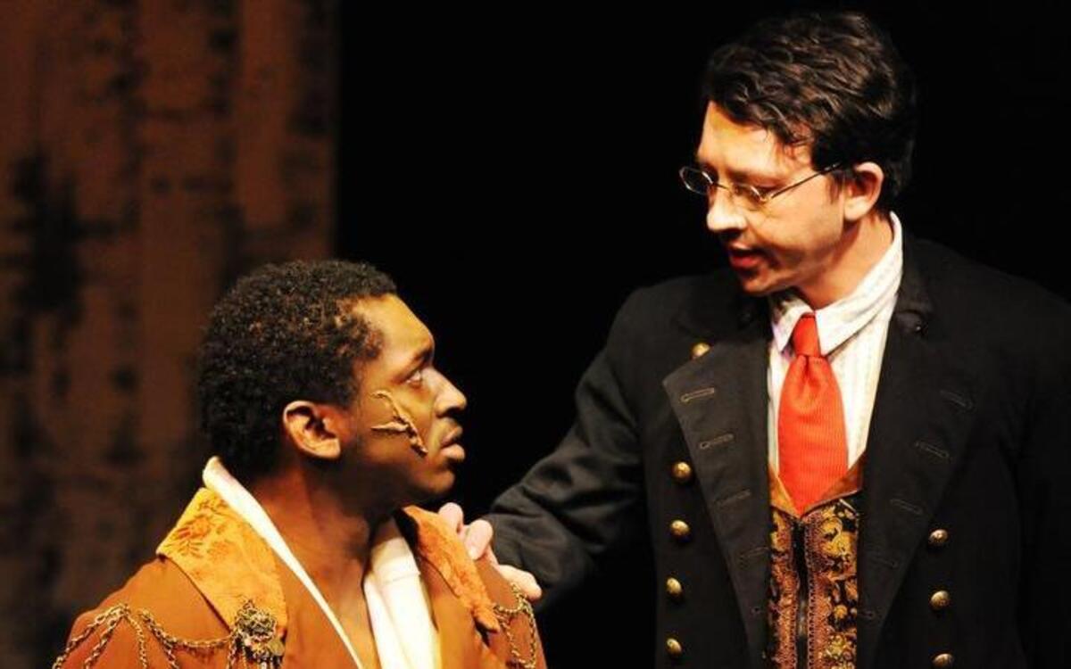 Anthony Burns (Edwin Brown III, left) speaks with his defense attorney, Richard Henry Dana (Michael Thayer), in the Coterie’s “And Justice for Some: The Freedom Trial of Anthony Burns (1858).”