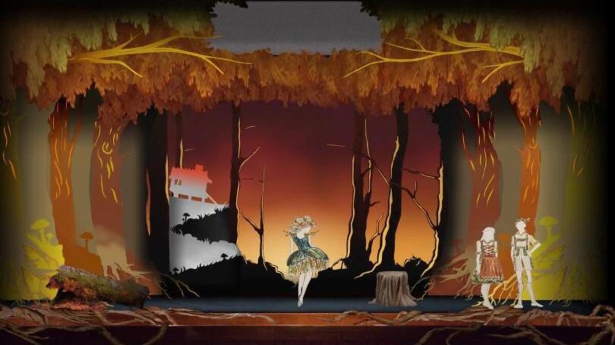 A rendering of the “Hansel and Gretel” set shows the woodblock cutout effect of creating the backdrops and props from paper.