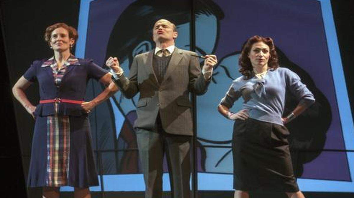 
Carla Noack (left) as The Wife, Martin Buchanan, as The Inventor and Vanessa Severo, as The Amazon in "The Lasso of Truth" at the Unicorn Theatre.
