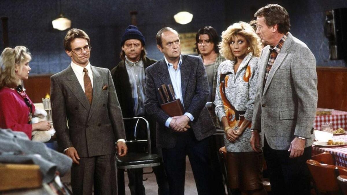 On “Newhart,” starring Bob Newhart (center), Peter Scolari (second from left) played Michael, a producer.