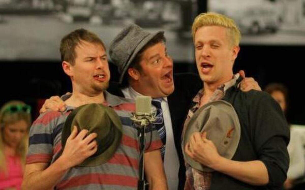 
From left, Bob Linebarger, Daniel Boothe and Zachary Parker rehearse “Fugue for Tinhorns” in “Guys and Dolls.”
