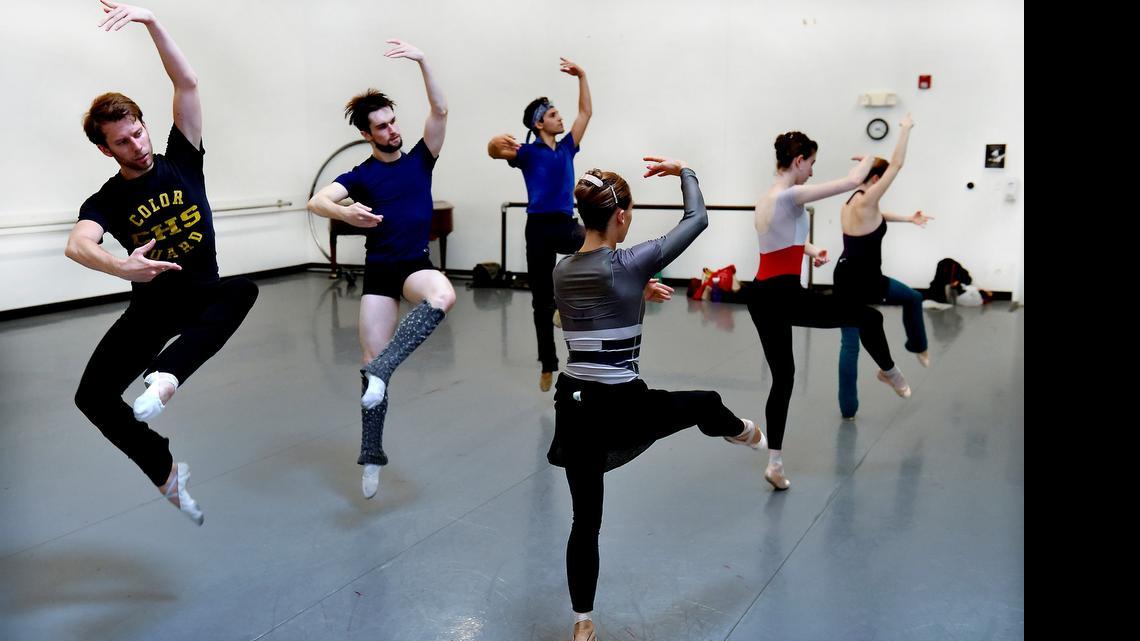 
Dancers Charles Martin (from left) Marty Davis and Ariel Rose joined their counterparts Tempe Ostergren (from left) Morgan Sicklick and Suzette Logue in a recent rehearsal for the coming Kansas City Dance Festival Friday and Saturday at the Folly Theater.
