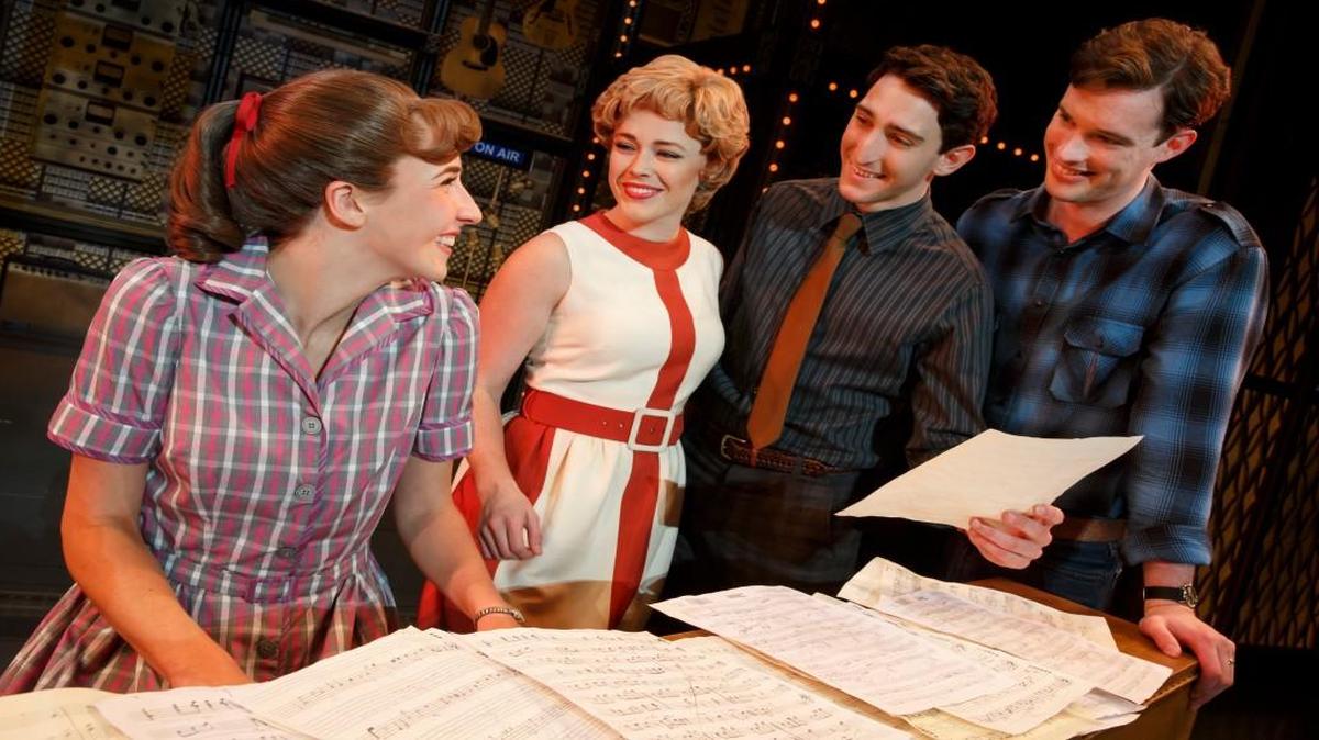 Carole King (Julie Knitel, left), Cynthia Weil (Erika Olsen), Barry Mann (Ben Fankhauser) and Gerry Goffin (Liam Tobin) crafted a slew of pop hits from the 1960s through the 1990s. Their story is depicted in “Beautiful: The Carole King Musical,” which continues through April 2 at the Music Hall.