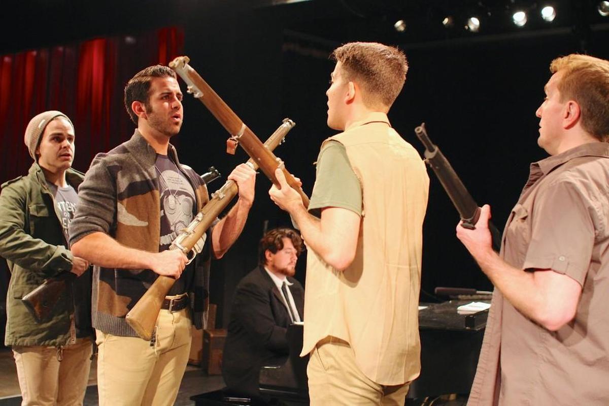 Christian Thomas Owen, Taylor Avazpour, Jeremy Watson (on piano), Bob Wearing, and David Adams perform “Goodbye Broadway, Hello France” in Musical Theater Heritage’s “Songs of the Great War.”