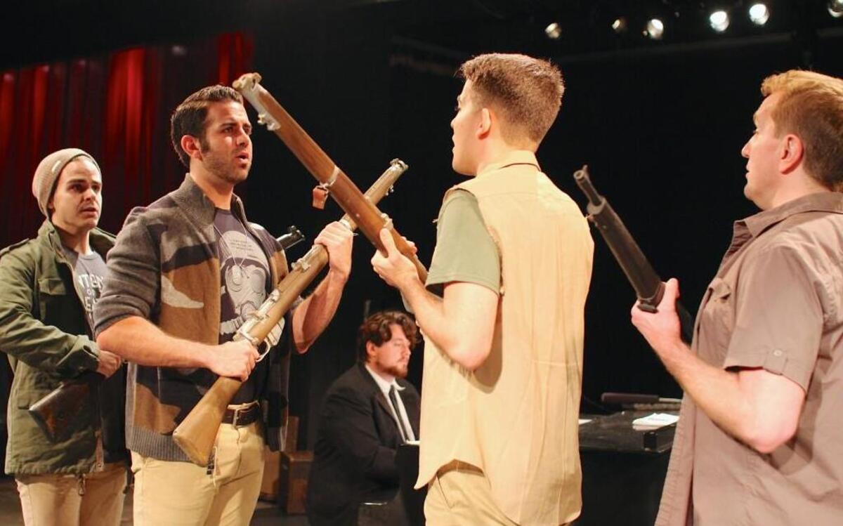 Christian Thomas Owen, Taylor Avazpour, Jeremy Watson (on piano), Bob Wearing, and David Adams perform “Goodbye Broadway, Hello France” in Musical Theater Heritage’s “Songs of the Great War,” opening Oct. 6.