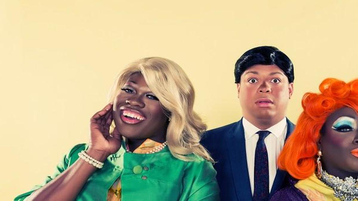 
The stars of “Black Bewitched” include (from left) Ryan Webster (aka Moltyn Decadence) as Samantha; Kory Burch (aka Regina LaRae) as Darrin #1, and Ray Fry (aka Widow Von du) as Endora. The show, opening Friday, Sept. 4, re-imagines the ’60s sitcom with African-American performers.
