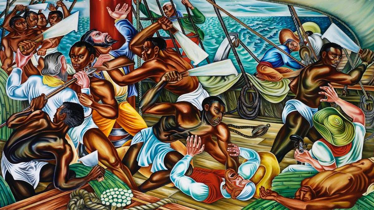 
Hale Woodruff’s “The Mutiny on the Amistad,” 1939,  is the first of three murals depicting  a mutiny by slaves in 1839 that resulted in the first civil rights trial in the U.S.
