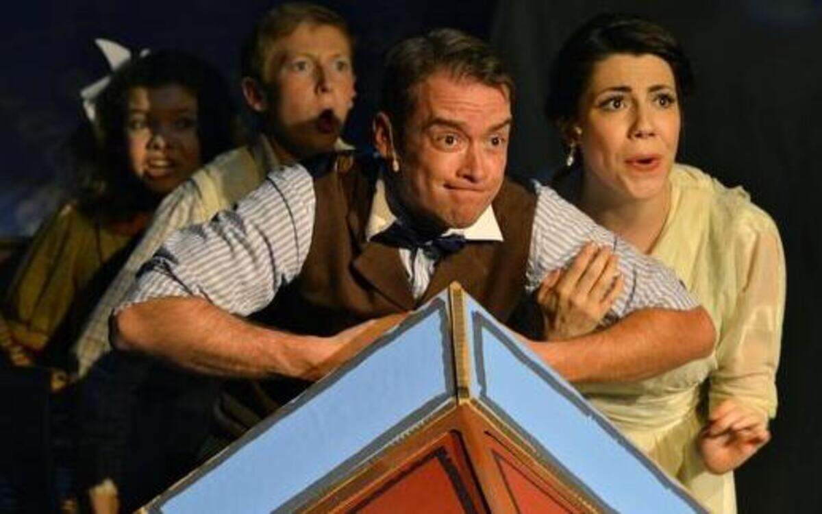 
Allison Banks (from left), Lucas Dorrell, Jake Walker as Caractacus Potts and Stefanie Wienecke star in “Chitty Chitty Bang Bang,” now playing at the Coterie.



