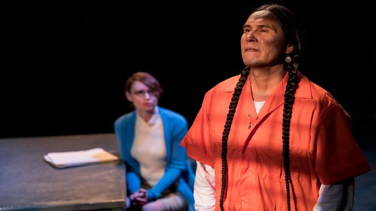 Moses Brings Plenty (foreground) plays Bryan Sheppard with Amy Attaway as attorney Cyndy Short in “Justice in the Embers.”