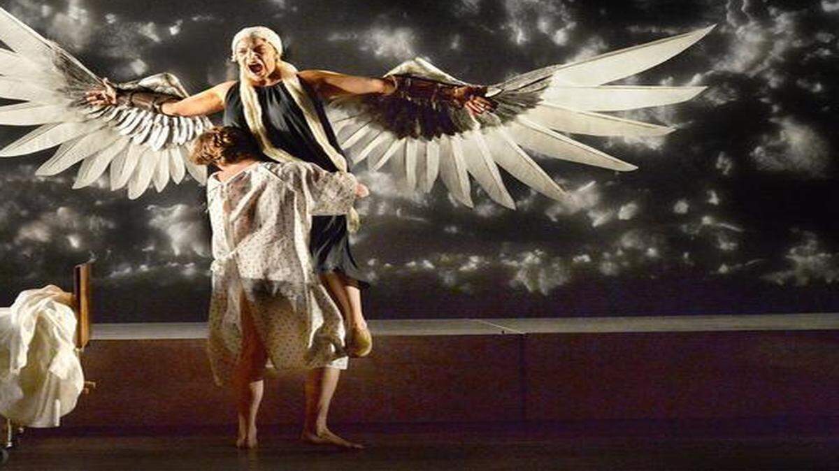 
In the Kansas City Repertory Theatre’s production of “Angels in America,” Jennifer Engstrom appears as an angel to Prior Walter, portrayed by Seamus Mulcahy.
