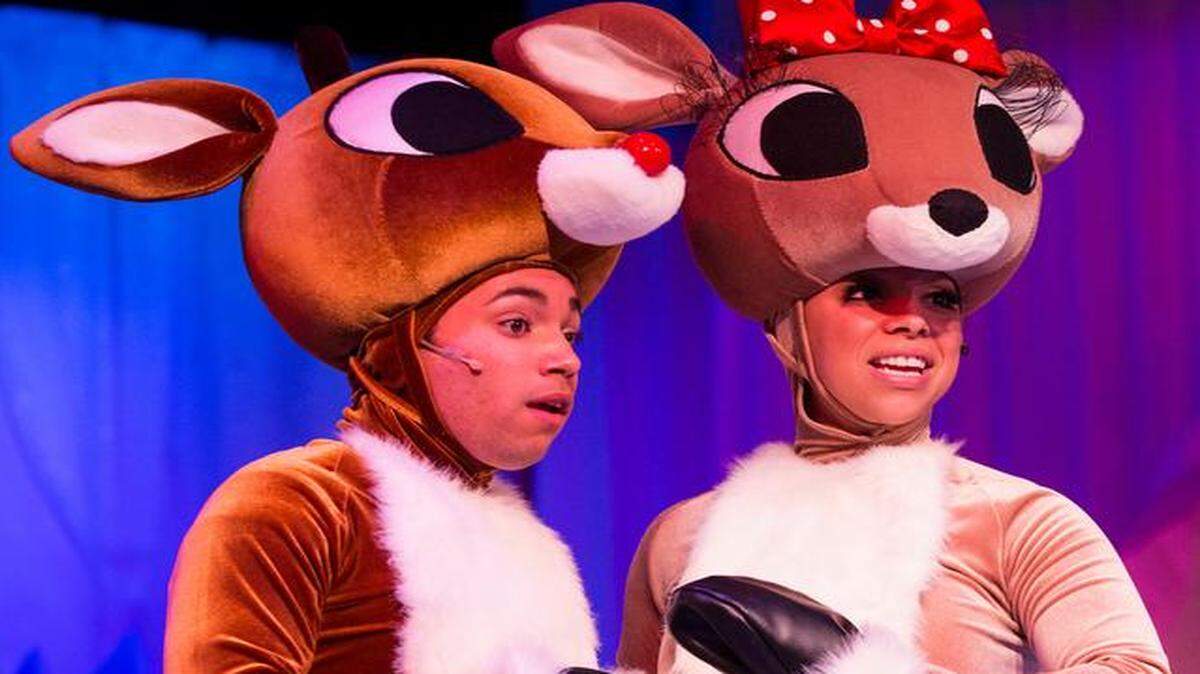 
Tony Pulford (left) plays Rudolph with Lexi Morris as Clarice in “Rudolph the Red-Nosed Reindeer: The Musical” at the Coterie.

