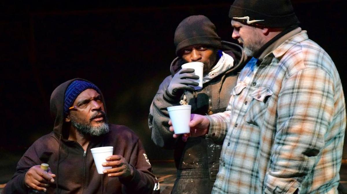 Theodore “Priest” Hughes (from left), Desmond “3-3-7” Jones and Curtis Smith play homeless men in KC MeltingPot’s “On Shoulders Now,” which runs through Dec. 19 at Just Off Broadway Theatre.