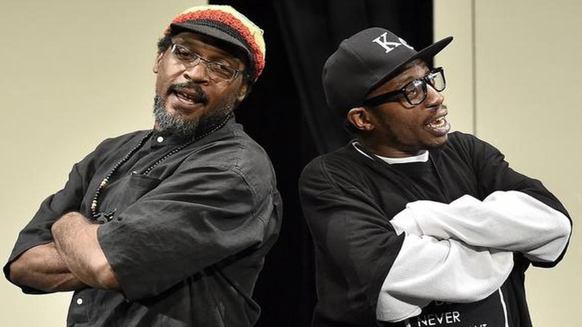 
Theodore “Priest” Hughes (left) and Desmond “3-3-7” Jones play street poets in the KC MeltingPot Theatre production of “Old School,” which runs Aug. 14 to 29 at the Just Off Broadway Theatre.

