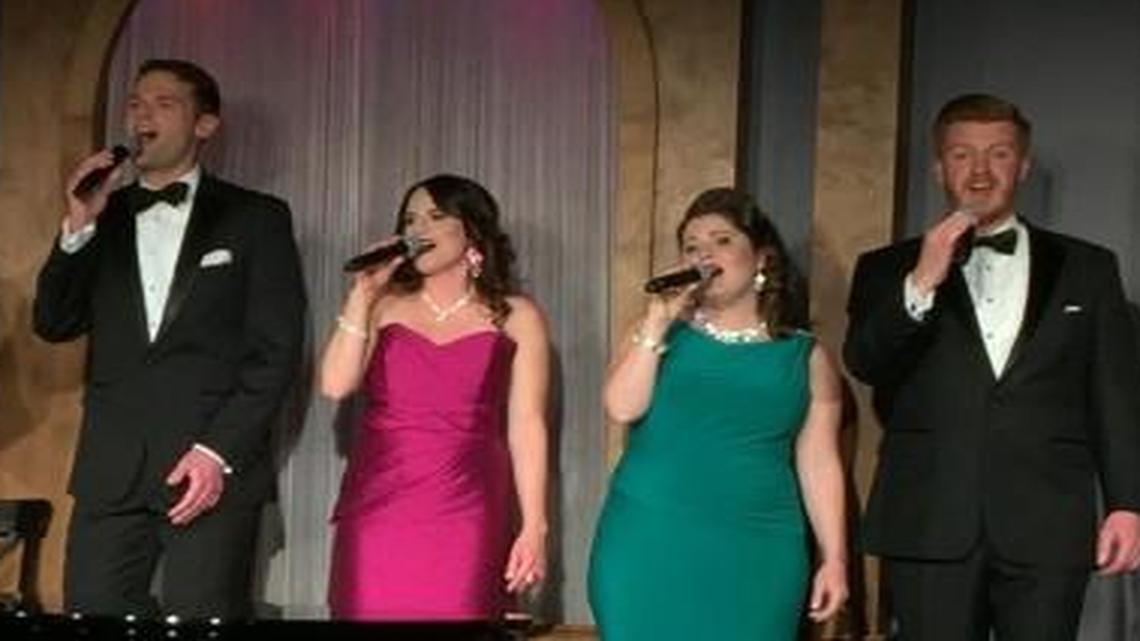 “As Time Goes By” features (from left) Ken Remmert (drums), Brian Wilson (bass), J. Kent Barnhart (piano), Matt Baldwin (saxophone), singers Patrick Beasley, Lauren Braton, Kathryn Long and Vigthor Zophoniasson.